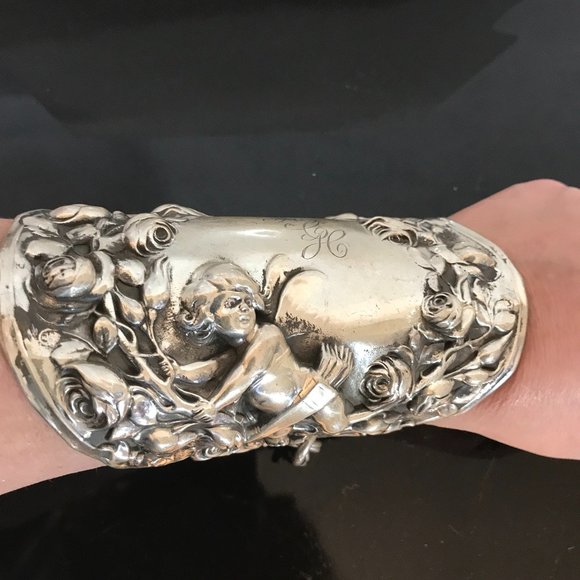 Antique Obsessions Jewelry - Rare Art Nouveau Sterling Silver Cherub Angel Cuff 925 Fairy FairyCore Bracelet